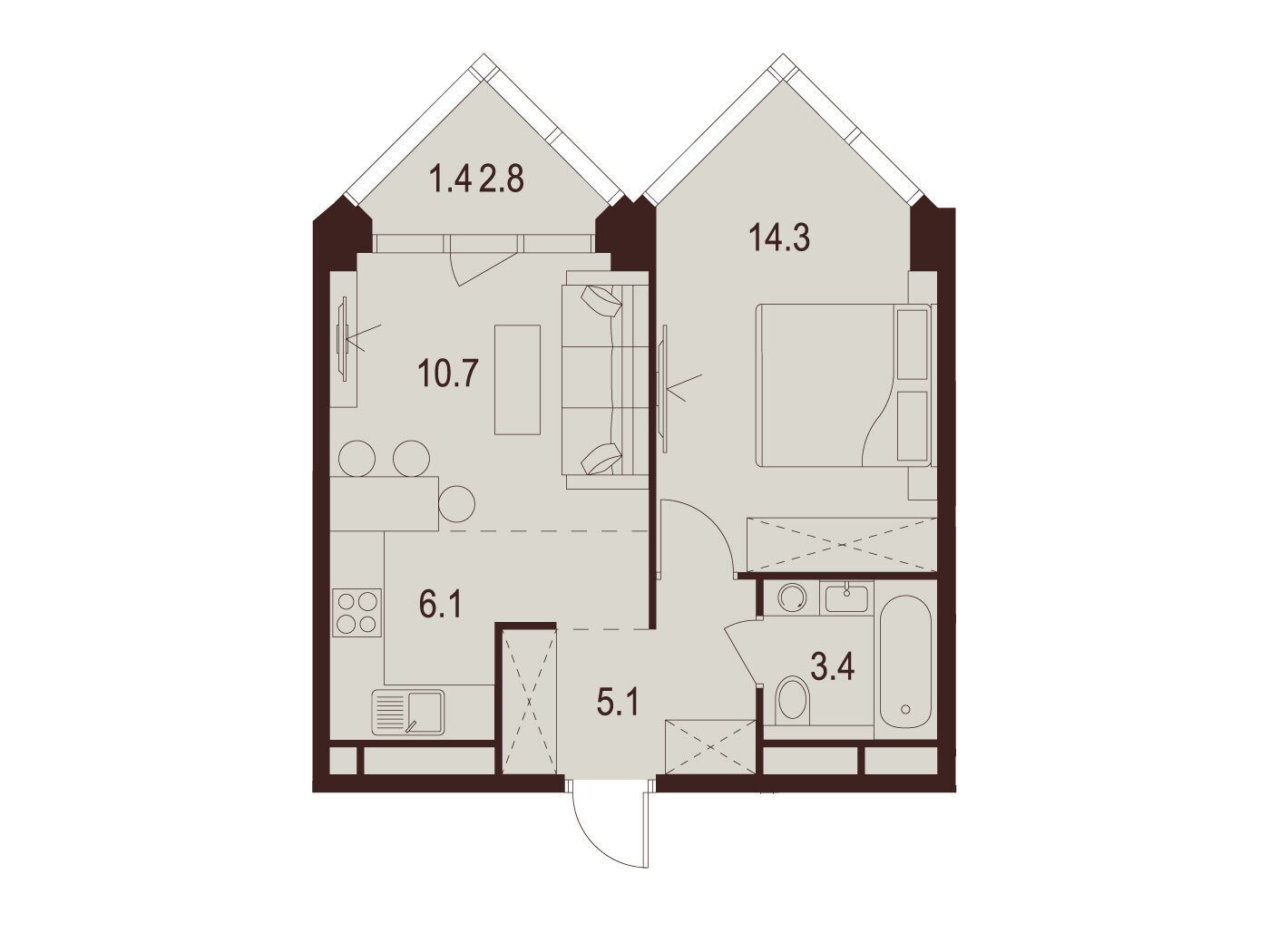 Планировка: 1-комн. квартира 41.00 м² в новостройке ЖК Инди Тауэрз