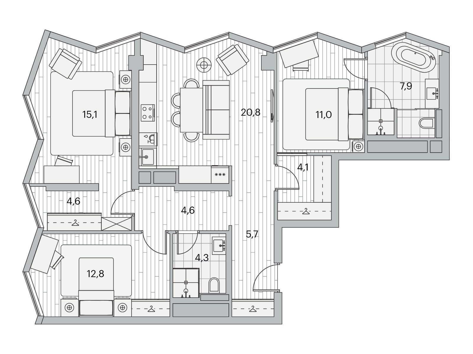 Планировка: 3-комн. квартира 89.60 м² в новостройке ЖК Береговой-2