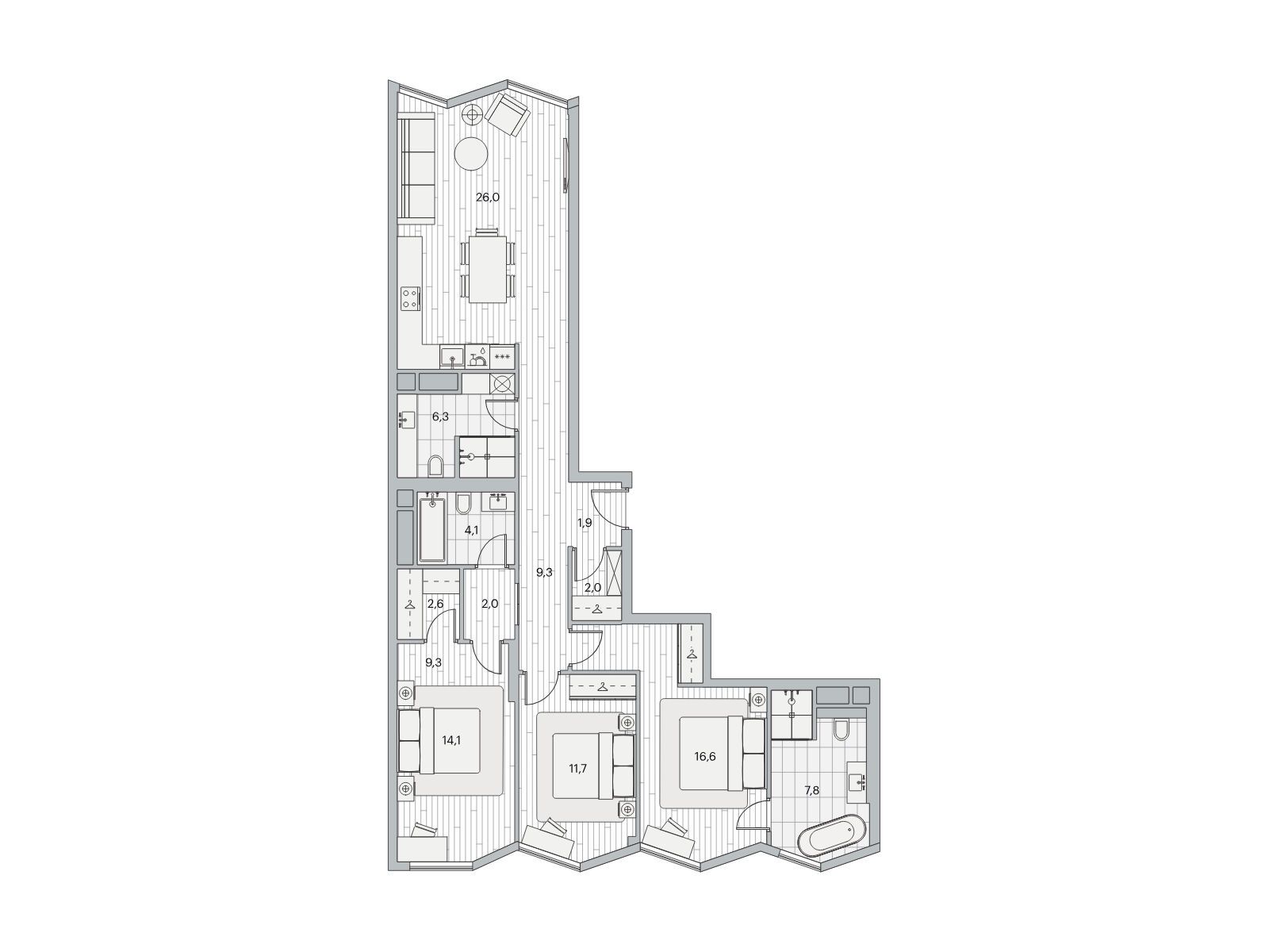 Планировка: 3-комн. квартира 105.80 м² в новостройке ЖК Береговой-2