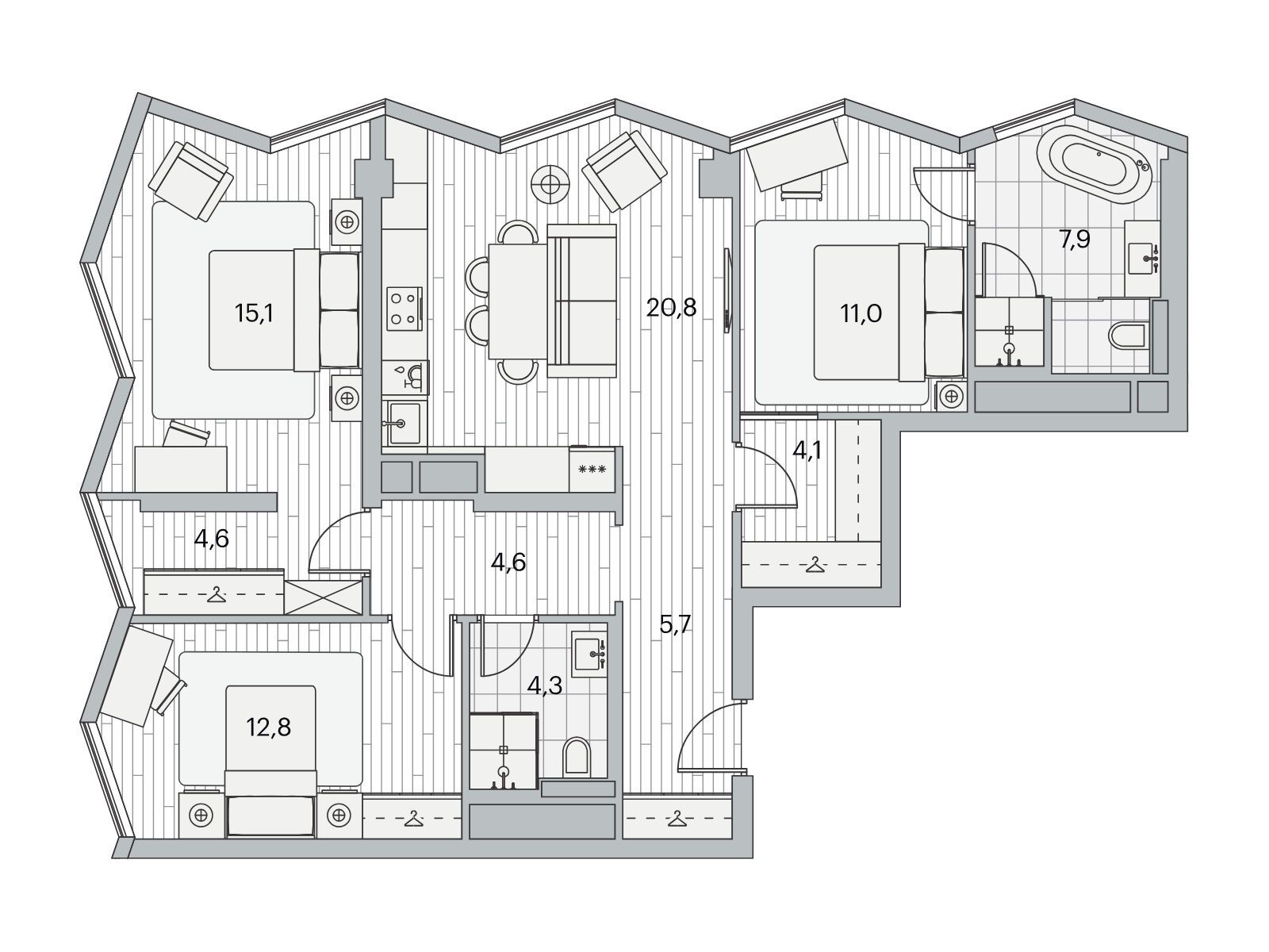 Планировка: 3-комн. квартира 90.90 м² в новостройке Береговой-2