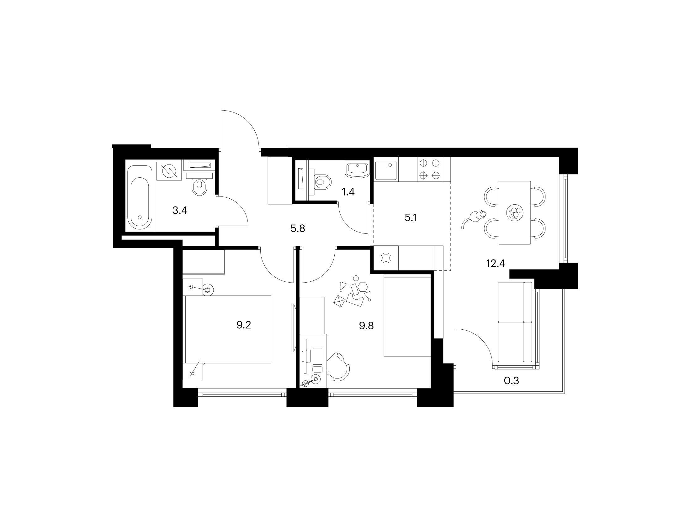 Планировка: 2-комн. квартира 47.40 м² в новостройке Бусиновский парк