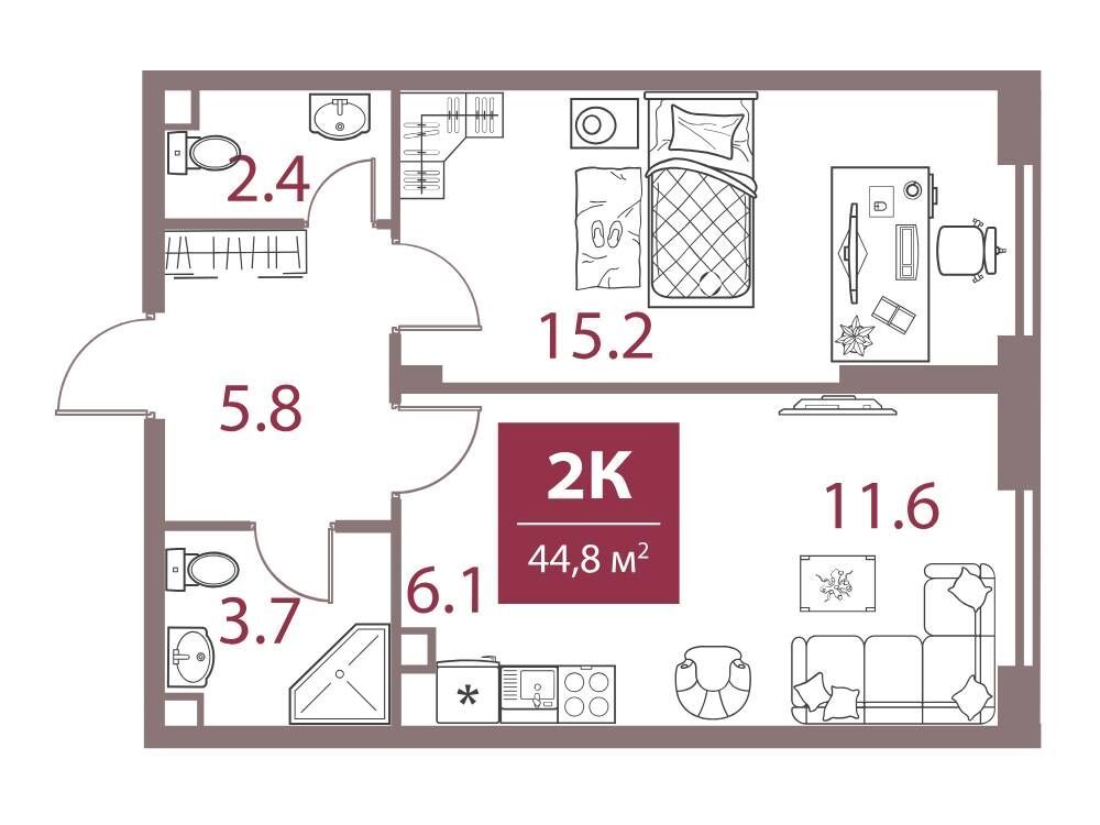 Планировка: 2-комн. квартира 44.80 м² в новостройке ЖК Легаси