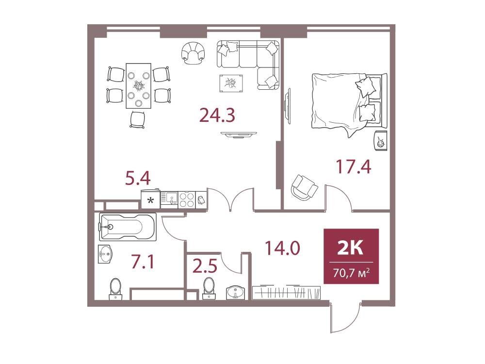 Планировка: 2-комн. квартира 70.70 м² в новостройке ЖК Легаси