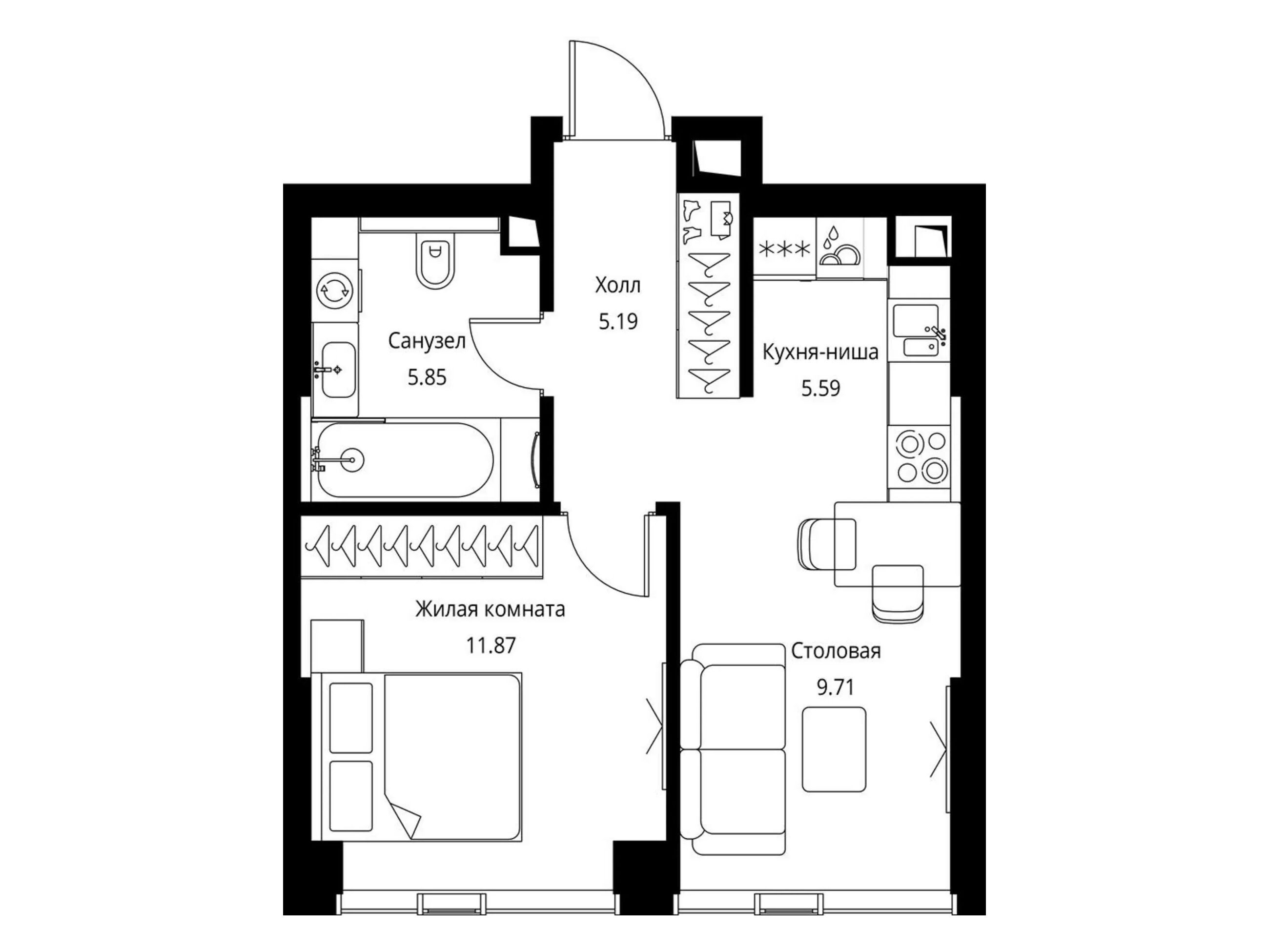 Планировка: 1-комн. квартира 38.21 м² в новостройке Сити Бэй