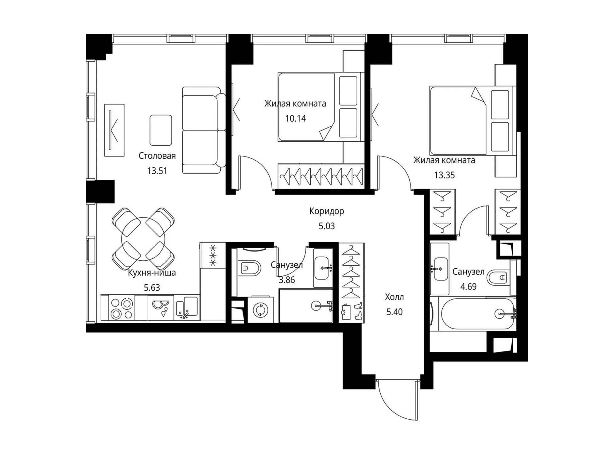 Планировка: 2-комн. квартира 61.61 м² в новостройке Сити Бэй