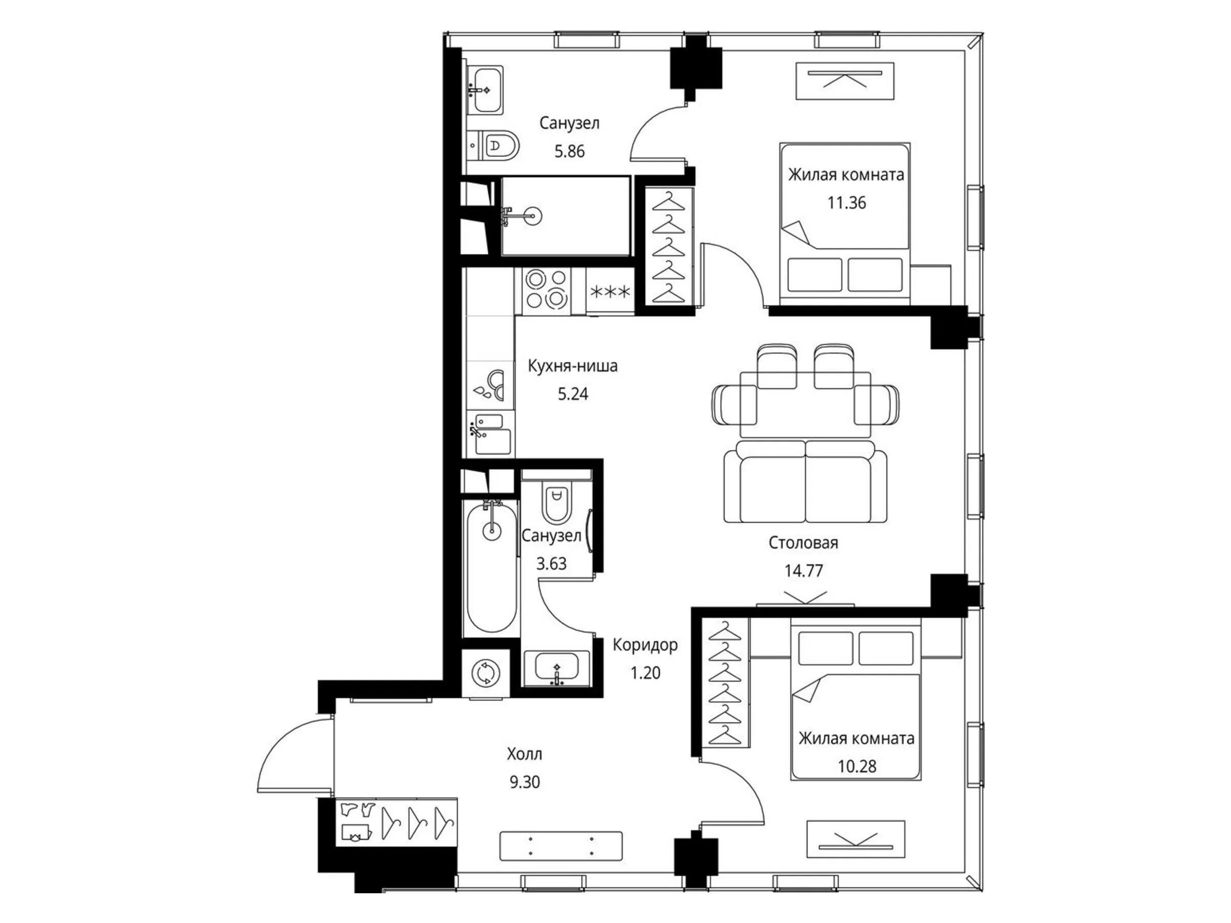 Планировка: 2-комн. квартира 61.64 м² в новостройке Сити Бэй