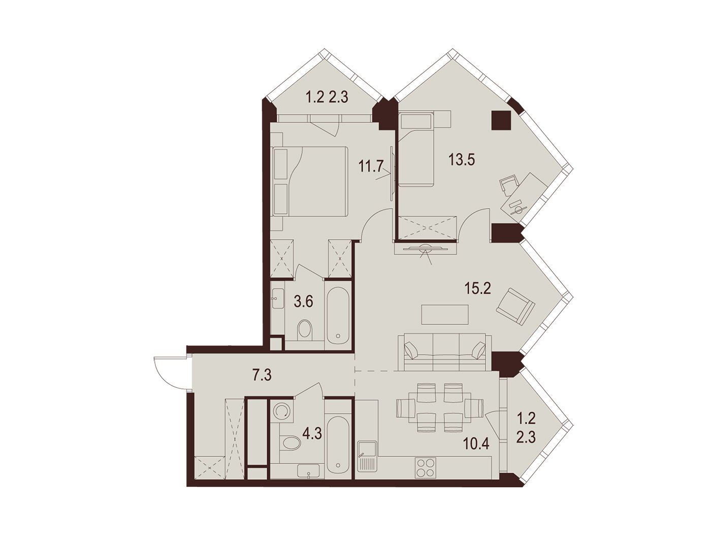 Планировка: 2-комн. квартира 68.40 м² в новостройке Инди Тауэрз