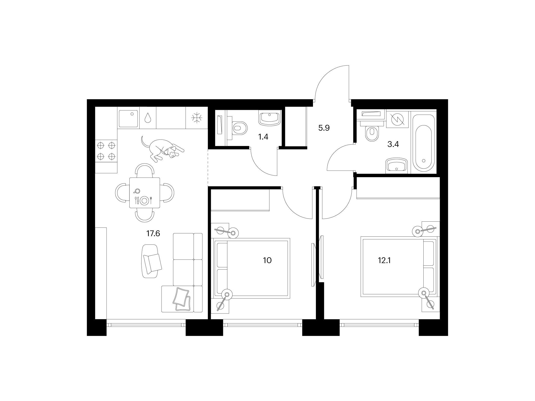 Планировка: 2-комн. квартира 50.40 м² в новостройке Бусиновский парк