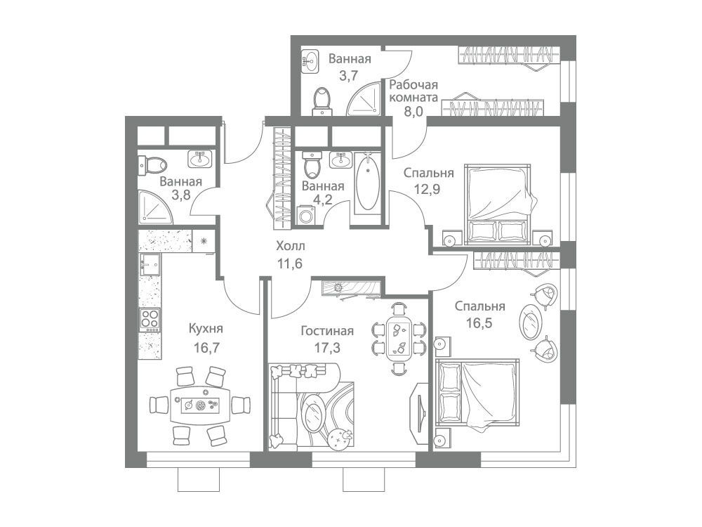 Планировка: 3-комн. квартира 94.70 м² в новостройке ЖК Стеллар Сити