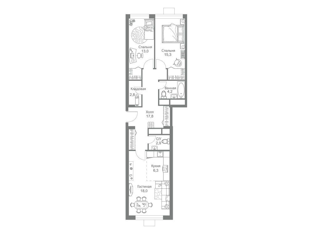 Планировка: 3-комн. квартира 80.30 м² в новостройке Стеллар Сити