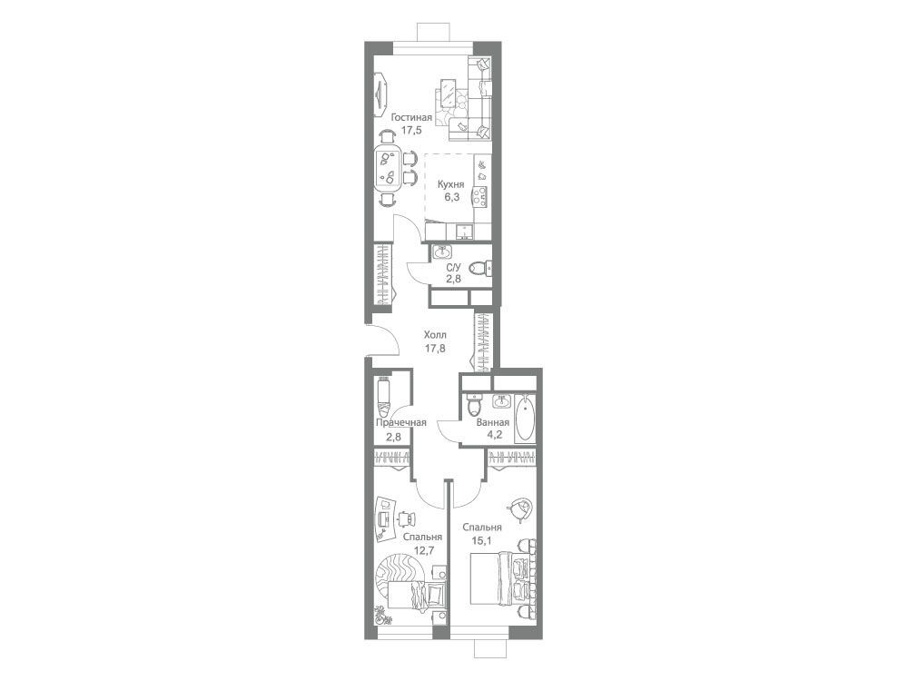 Планировка: 3-комн. квартира 79.20 м² в новостройке Стеллар Сити