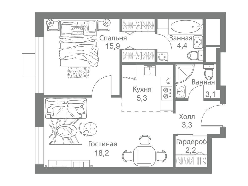 Планировка: 2-комн. квартира 52.40 м² в новостройке Стеллар Сити