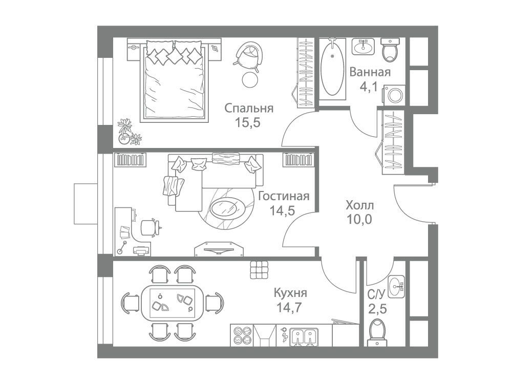 Планировка: 2-комн. квартира 61.30 м² в новостройке ЖК Стеллар Сити