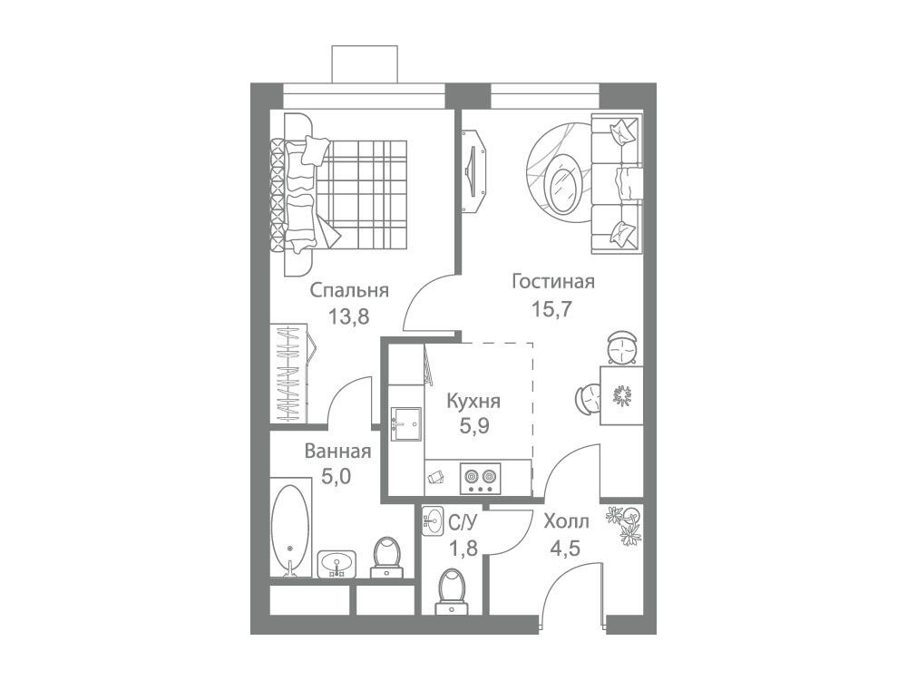 Планировка: 2-комн. квартира 46.70 м² в новостройке Стеллар Сити