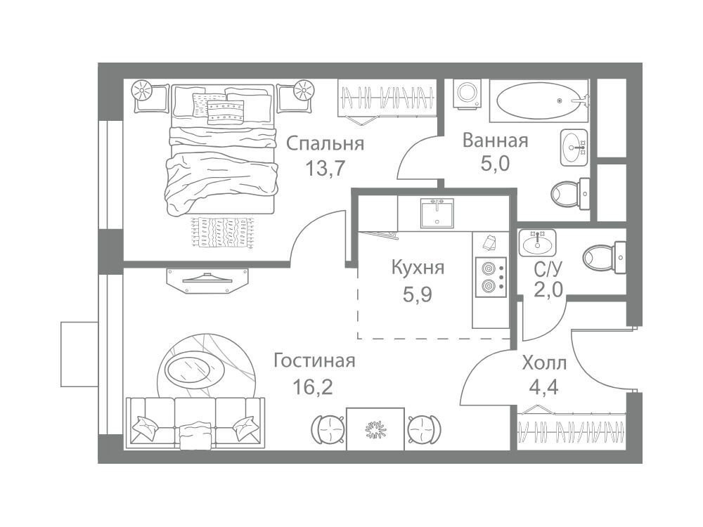 Планировка: 2-комн. квартира 47.20 м² в новостройке Стеллар Сити