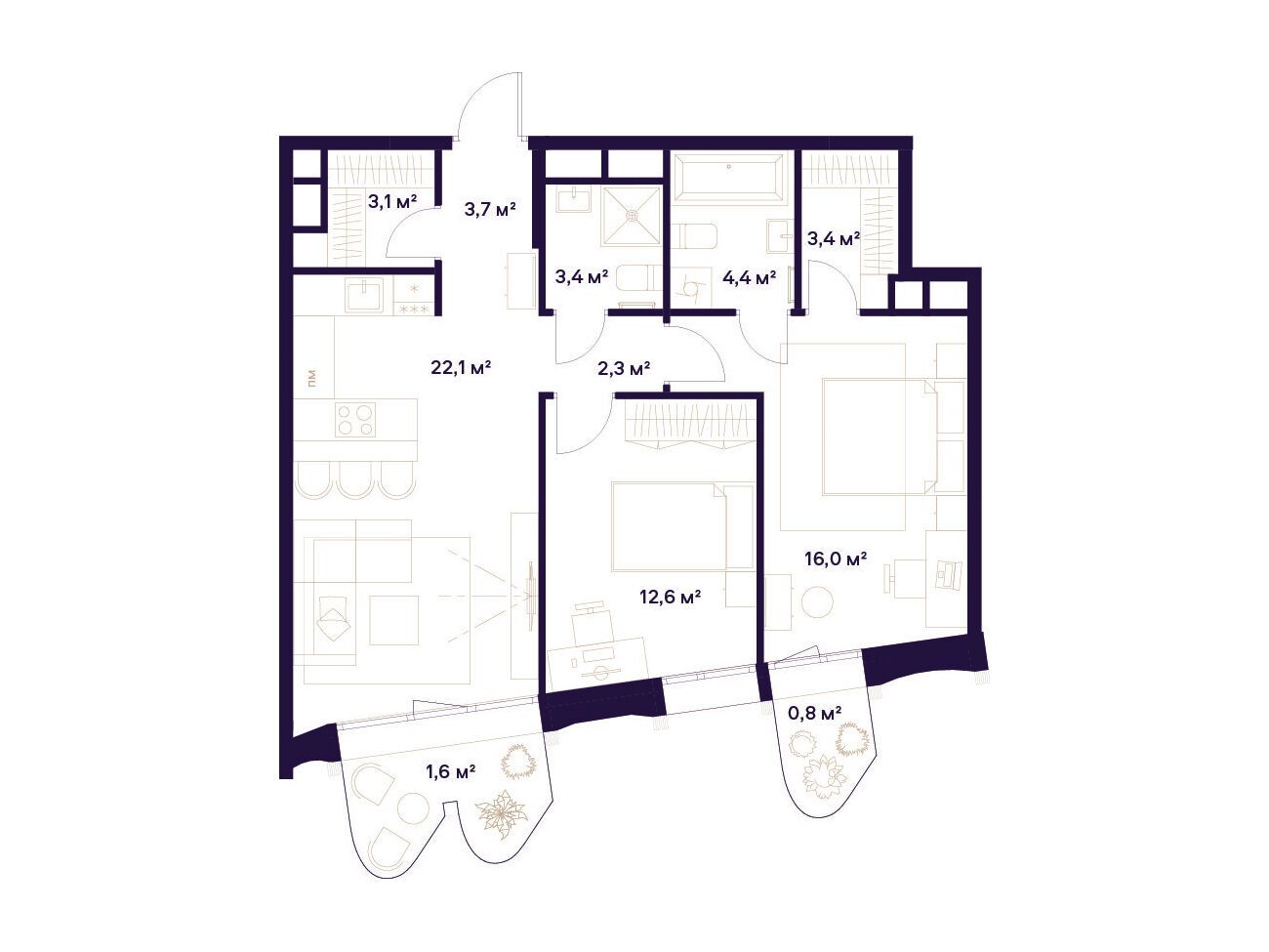 Планировка: 2-комн. квартира 73.40 м² в новостройке Квартал здоровой жизни Союз