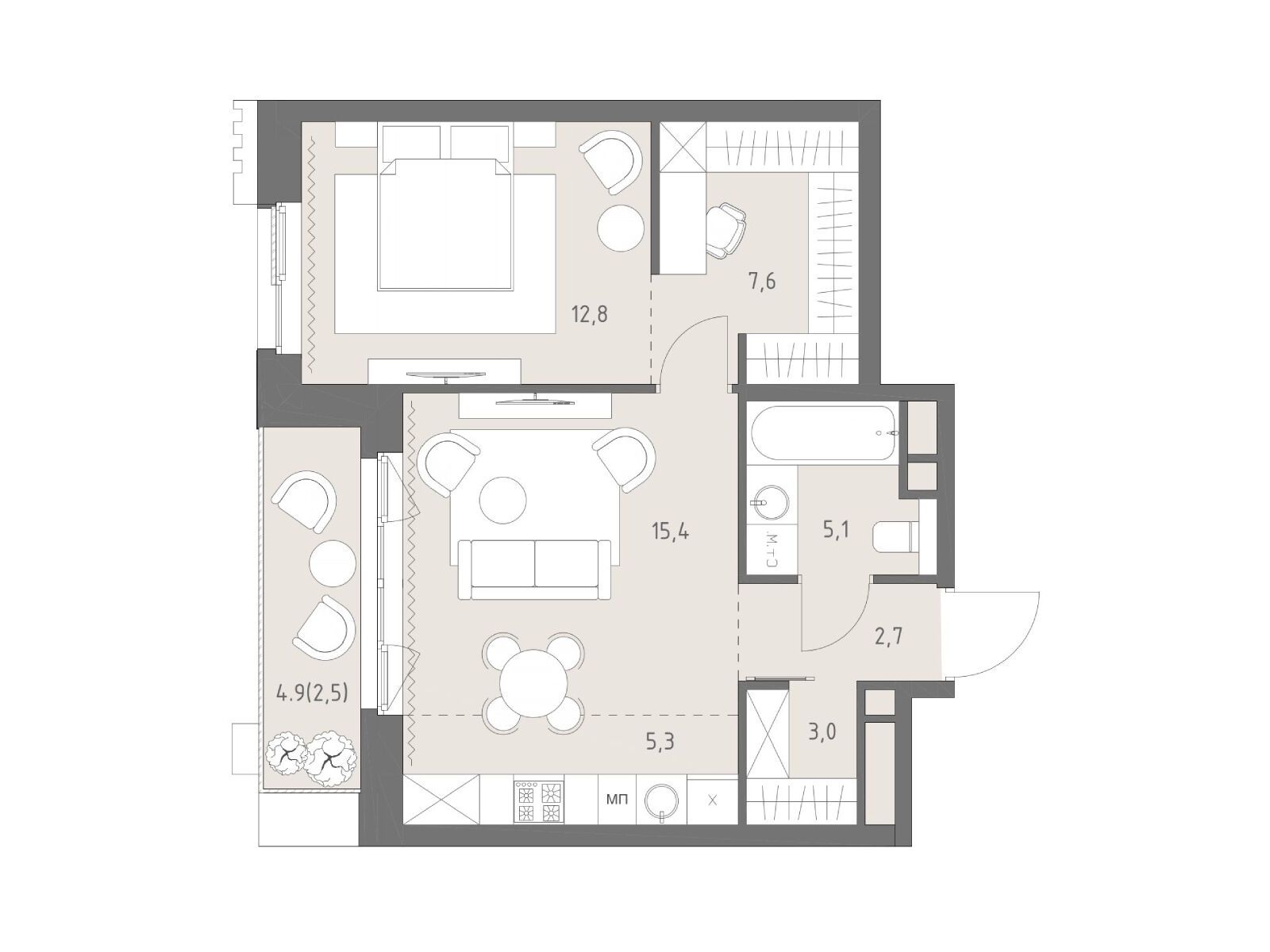 Планировка: 2-комн. квартира 54.40 м² в новостройке Родина Парк