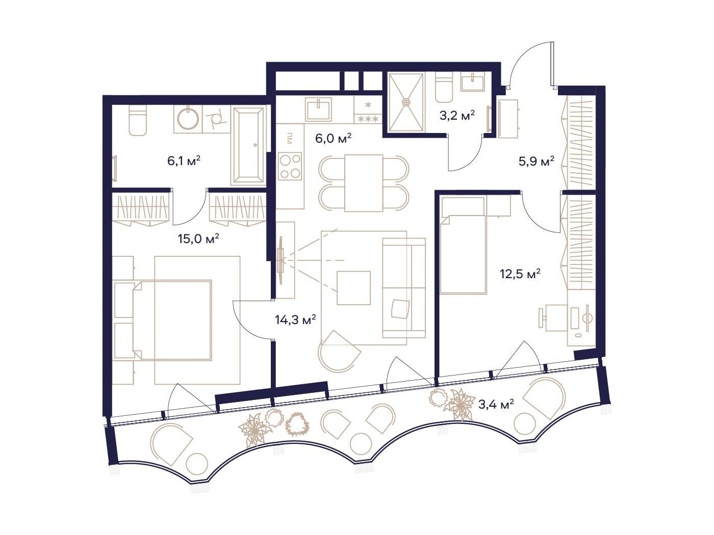 Планировка: 2-комн. квартира 66.40 м² в новостройке Союз