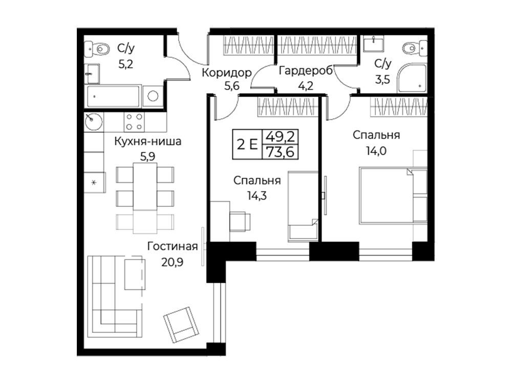 Планировка: 2-комн. квартира 73.60 м² в новостройке Аист Резиденс