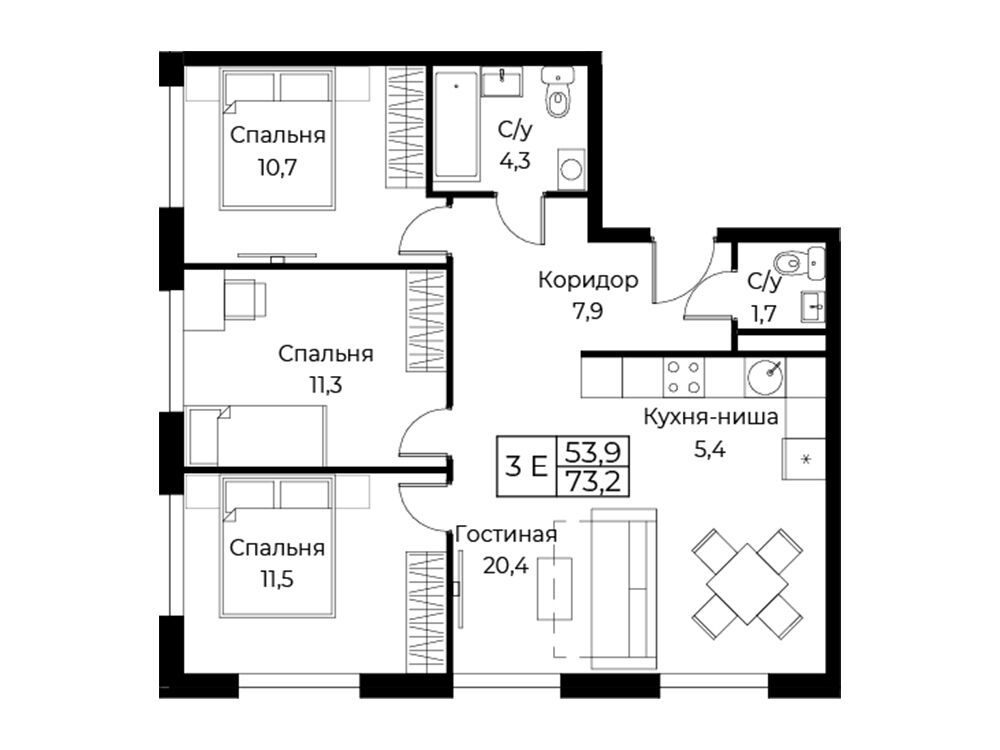 Планировка: 3-комн. квартира 73.20 м² в новостройке ЖК Аист Резиденс