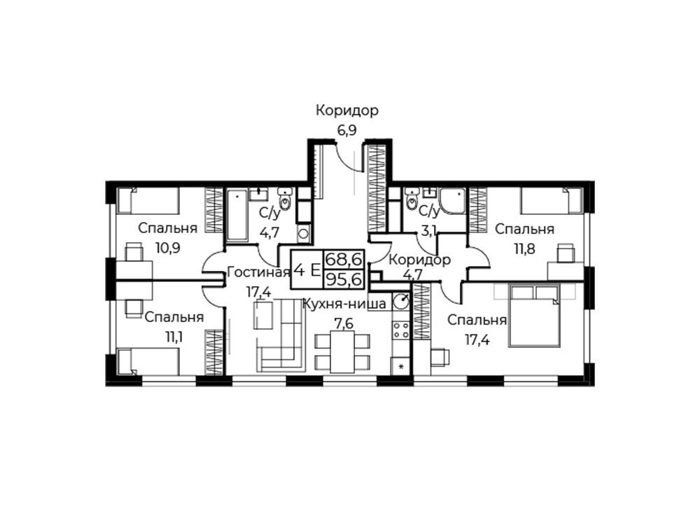 Планировка: 4-комн. квартира 95.60 м² в новостройке Аист Резиденс