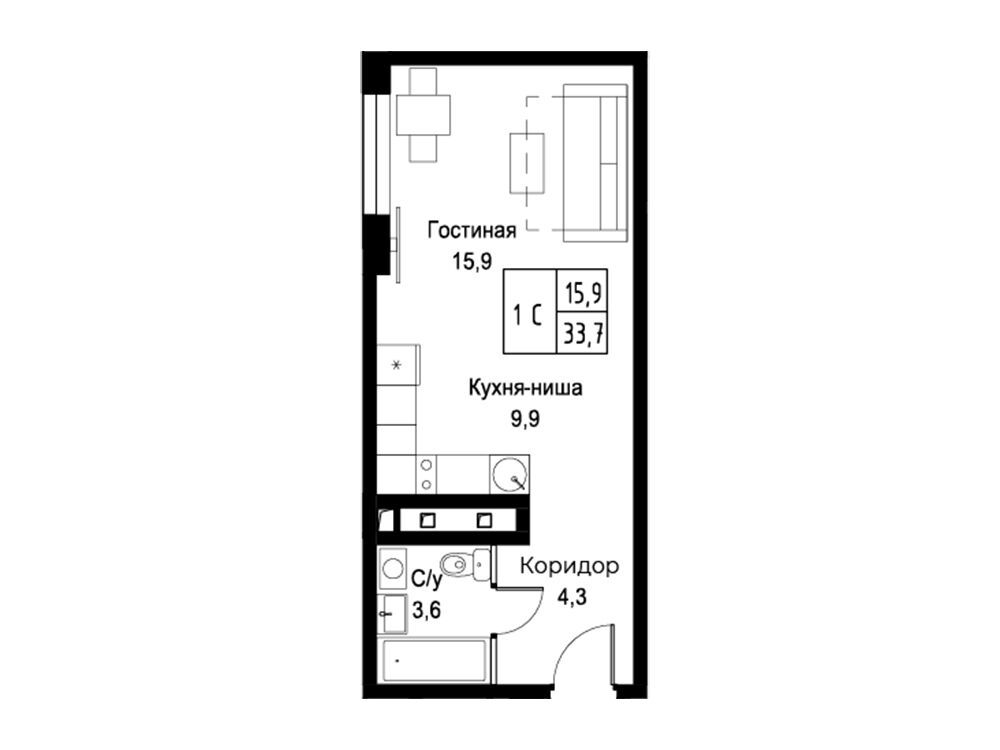 Планировка: Студия 33.70 м² в новостройке ЖК Аист Резиденс