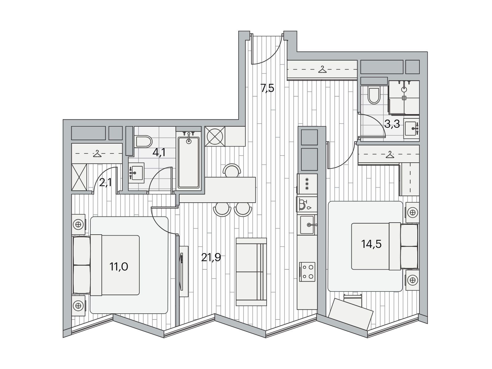 Планировка: 2-комн. квартира 64.50 м² в новостройке ЖК Береговой-2
