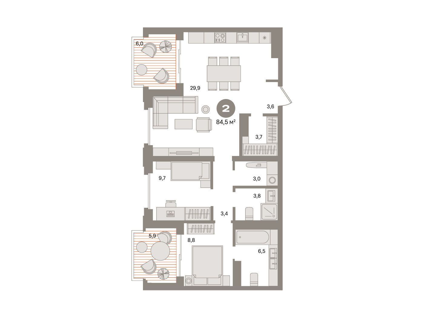 Планировка: 2-комн. квартира 87.10 м² в новостройке ЖК Монс