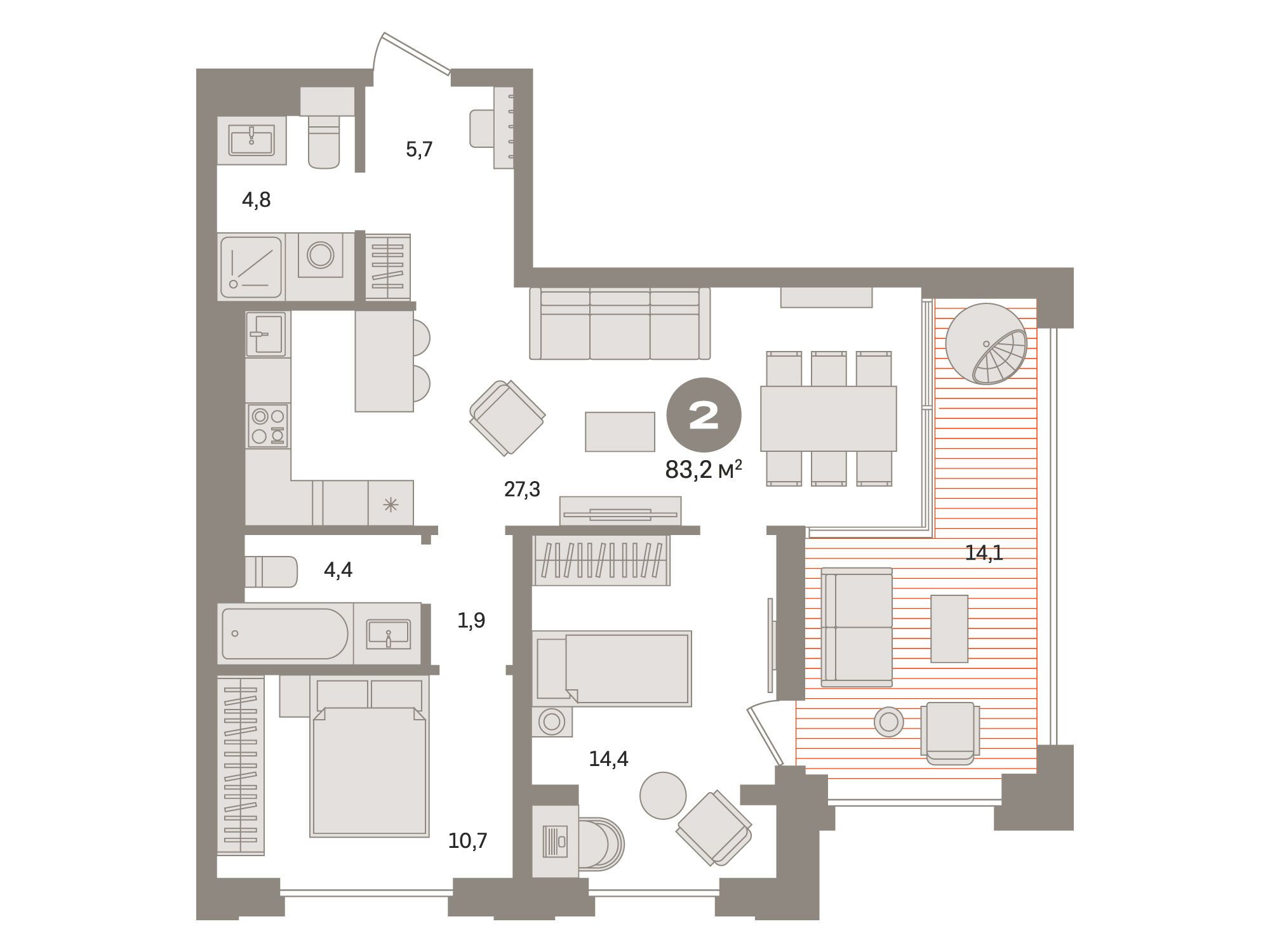 Планировка: 2-комн. квартира 83.20 м² в новостройке ЖК Монс