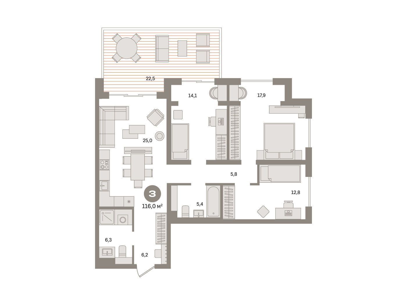 Планировка: 3-комн. квартира 117.30 м² в новостройке Монс