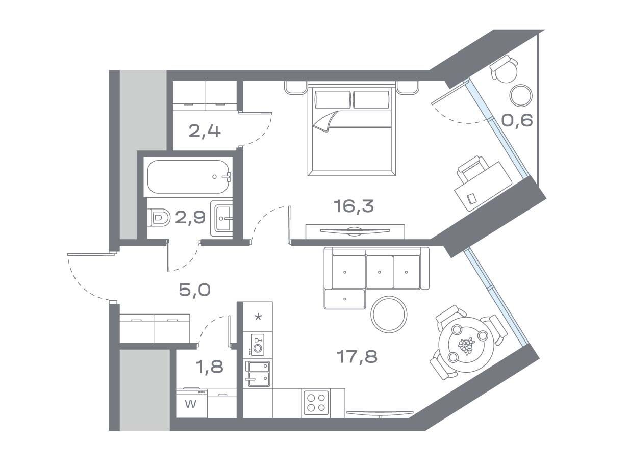 Планировка: 1-комн. квартира 46.66 м² в новостройке Дом Горизонтов