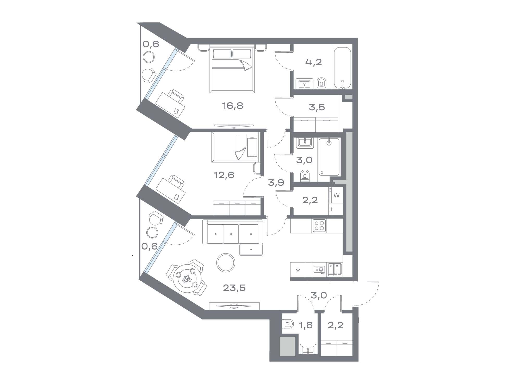 Планировка: 2-комн. квартира 77.44 м² в новостройке Дом Горизонтов
