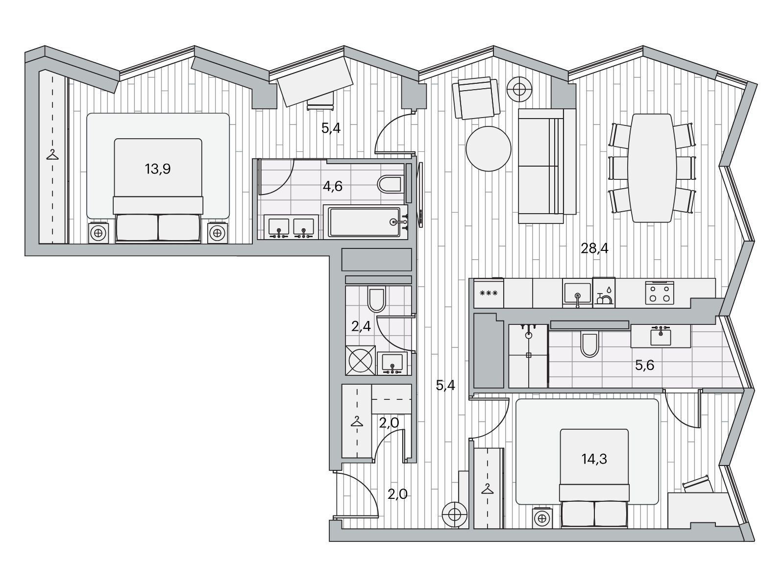 Планировка: 2-комн. квартира 84.00 м² в новостройке ЖК Береговой-2