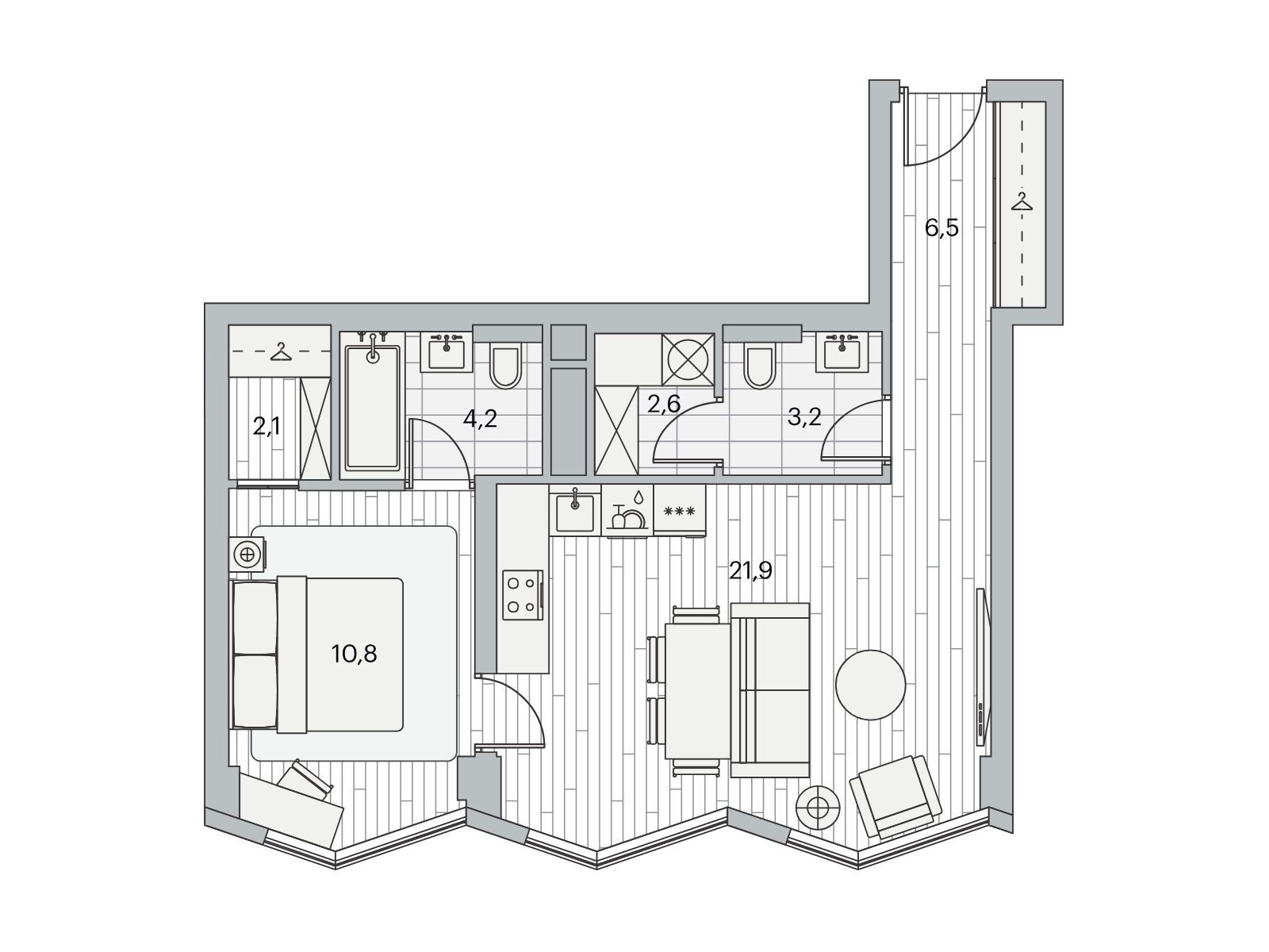 Планировка: 1-комн. квартира 51.10 м² в новостройке ЖК Береговой-2
