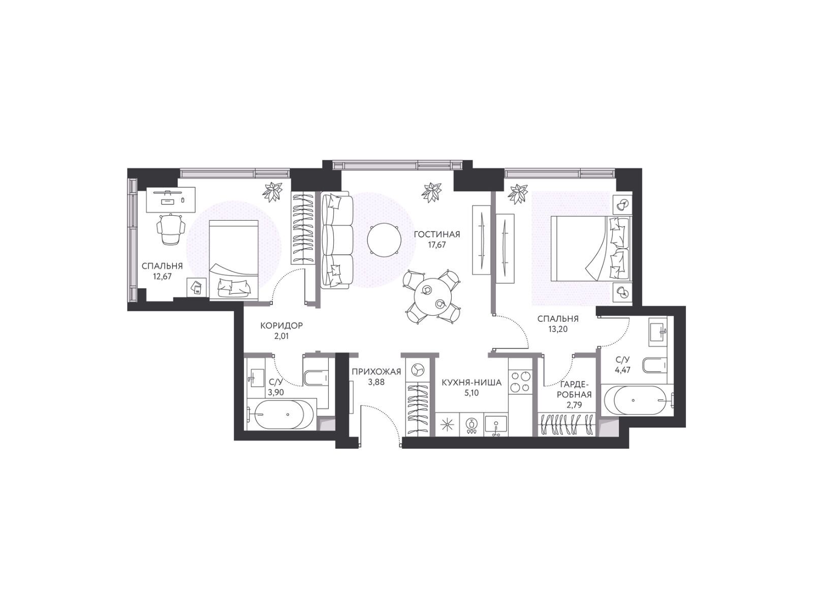 Планировка: 2-комн. квартира 66.70 м² в новостройке Хайд