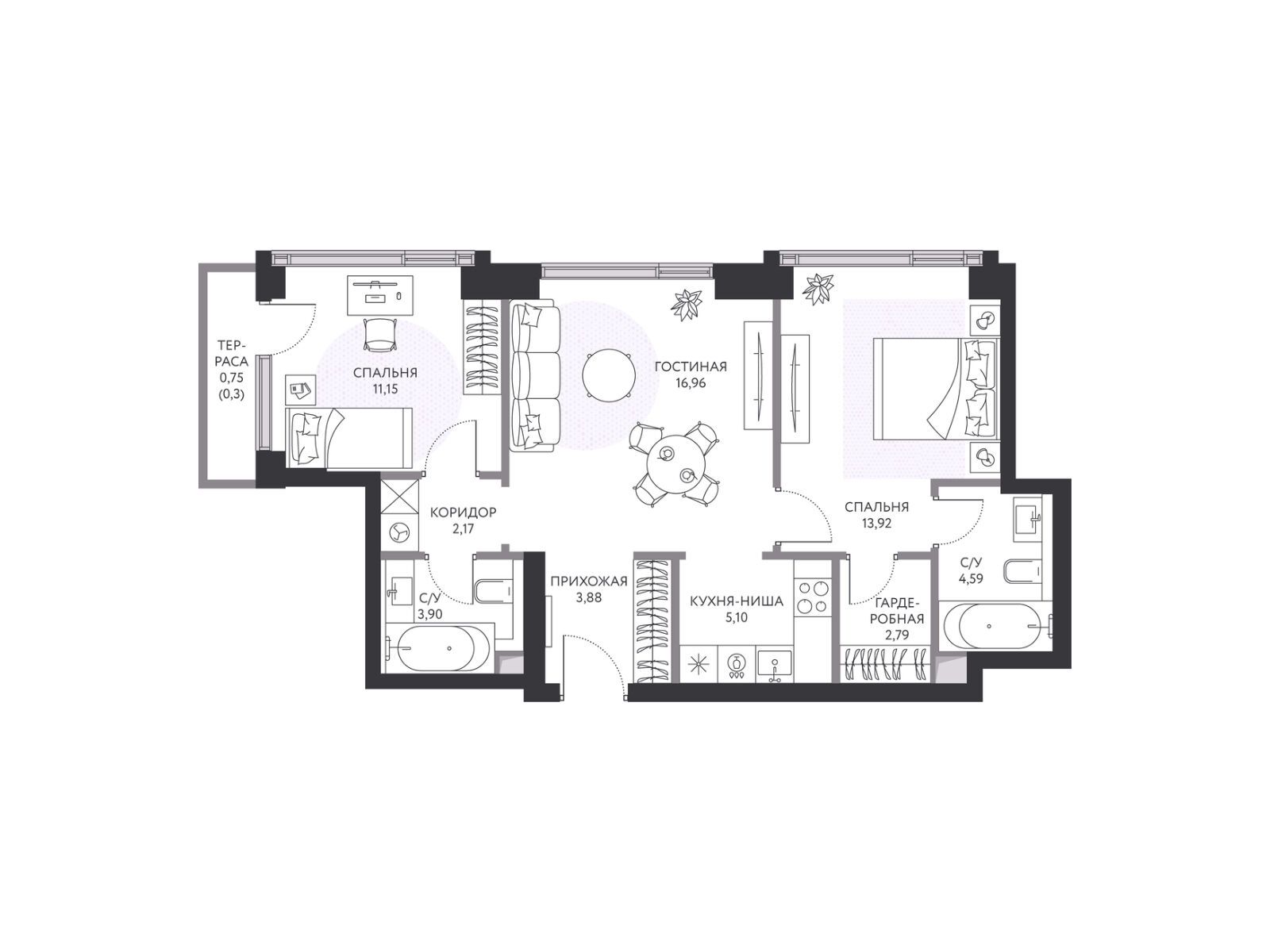 Планировка: 2-комн. квартира 66.10 м² в новостройке Хайд