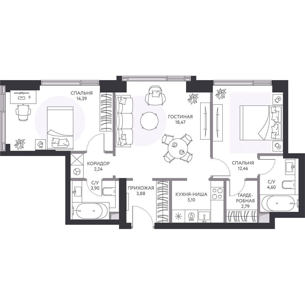 Планировка: 2-комн. квартира 68.60 м² в новостройке Хайд
