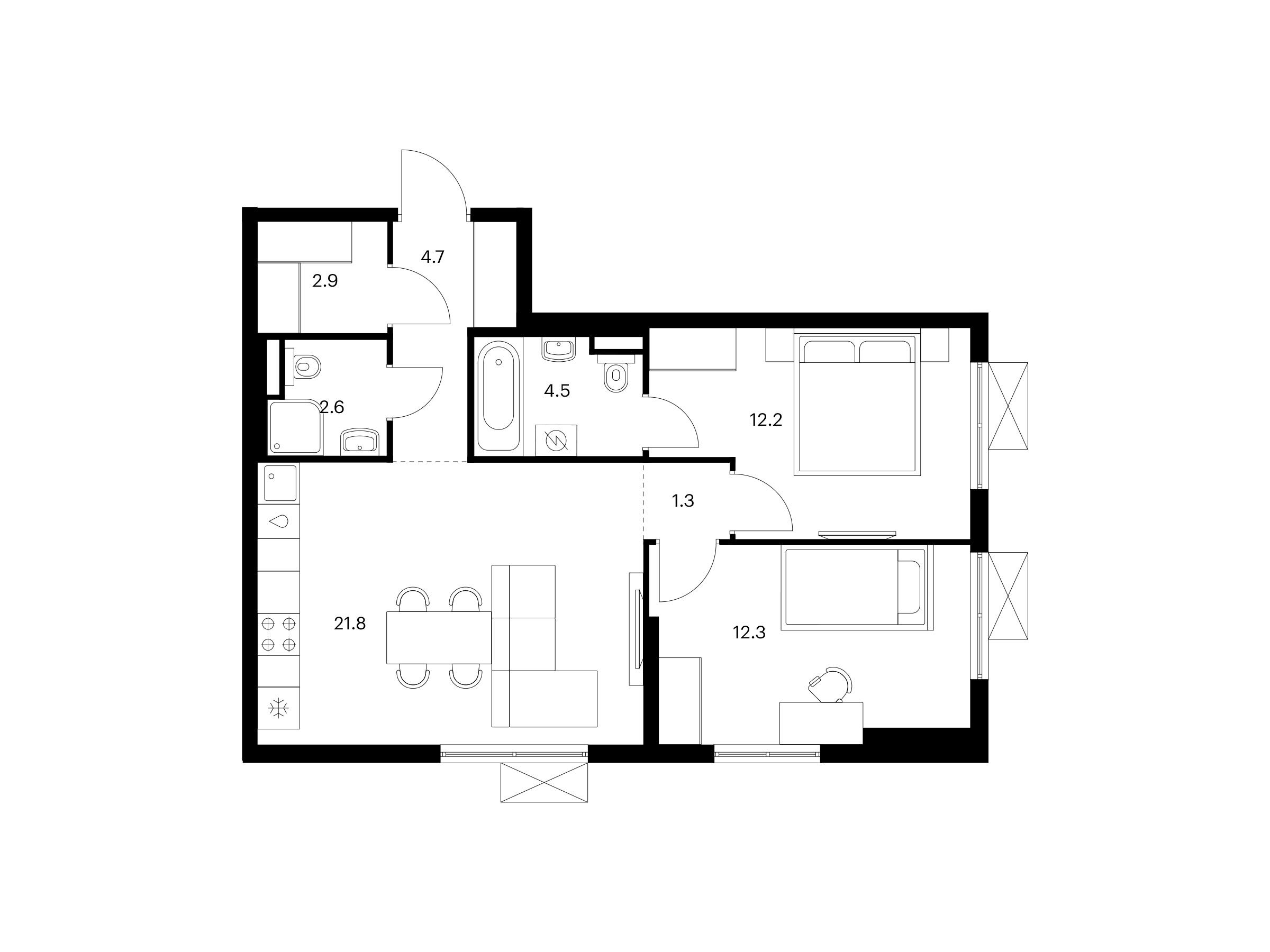 Планировка: 2-комн. квартира 62.30 м² в новостройке Волжский парк