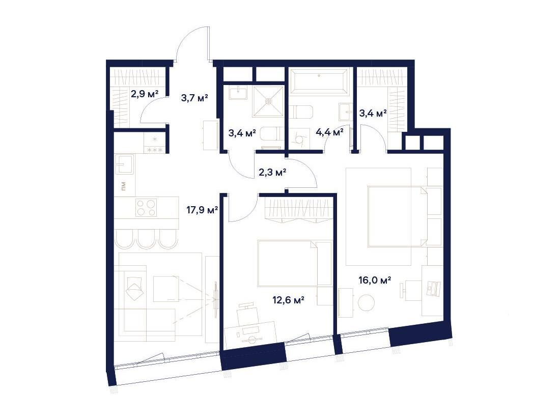 Планировка: 2-комн. квартира 66.60 м² в новостройке Квартал здоровой жизни Союз