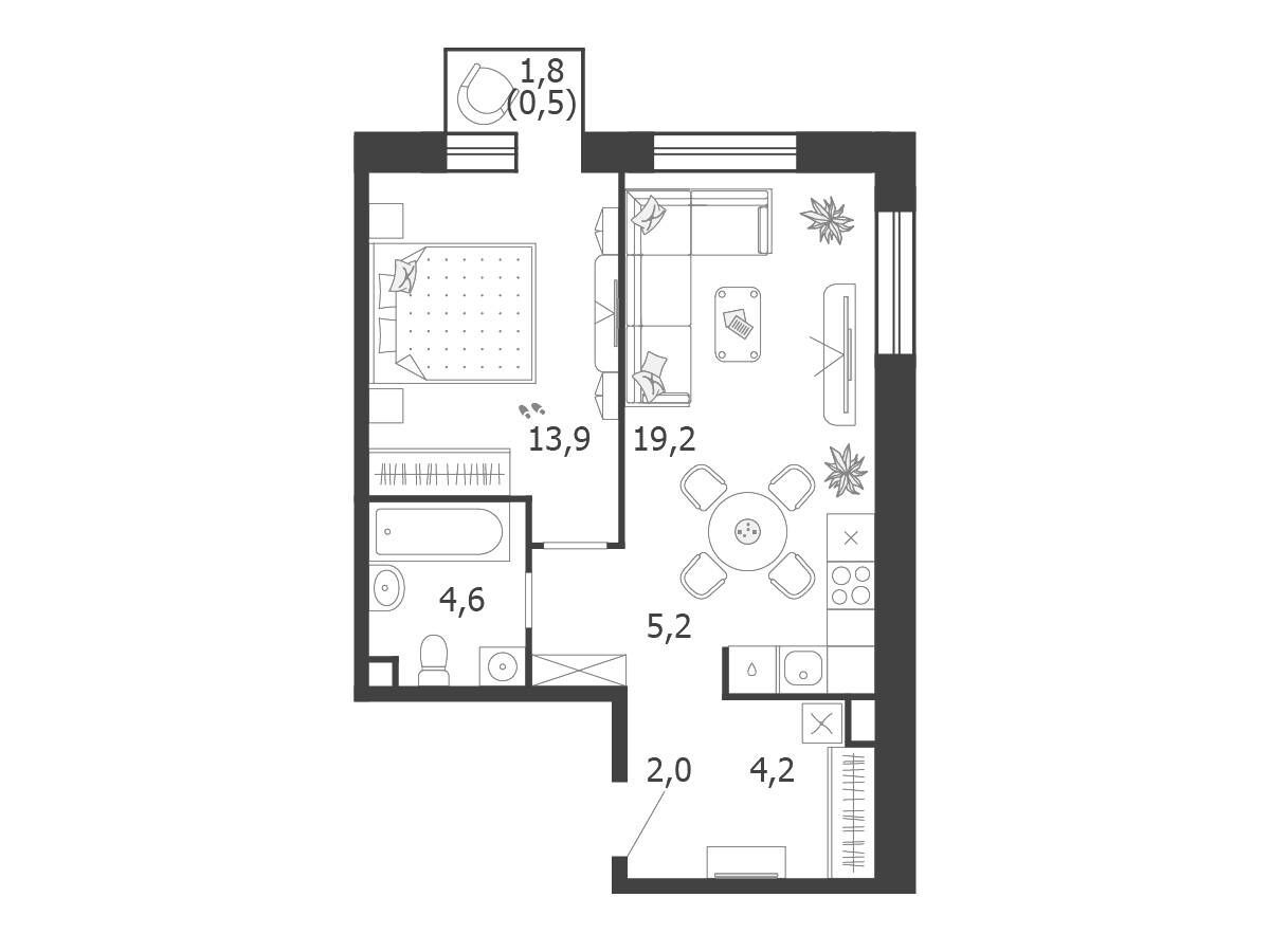 Планировка: 1-комн. квартира 49.60 м² в новостройке Шагал