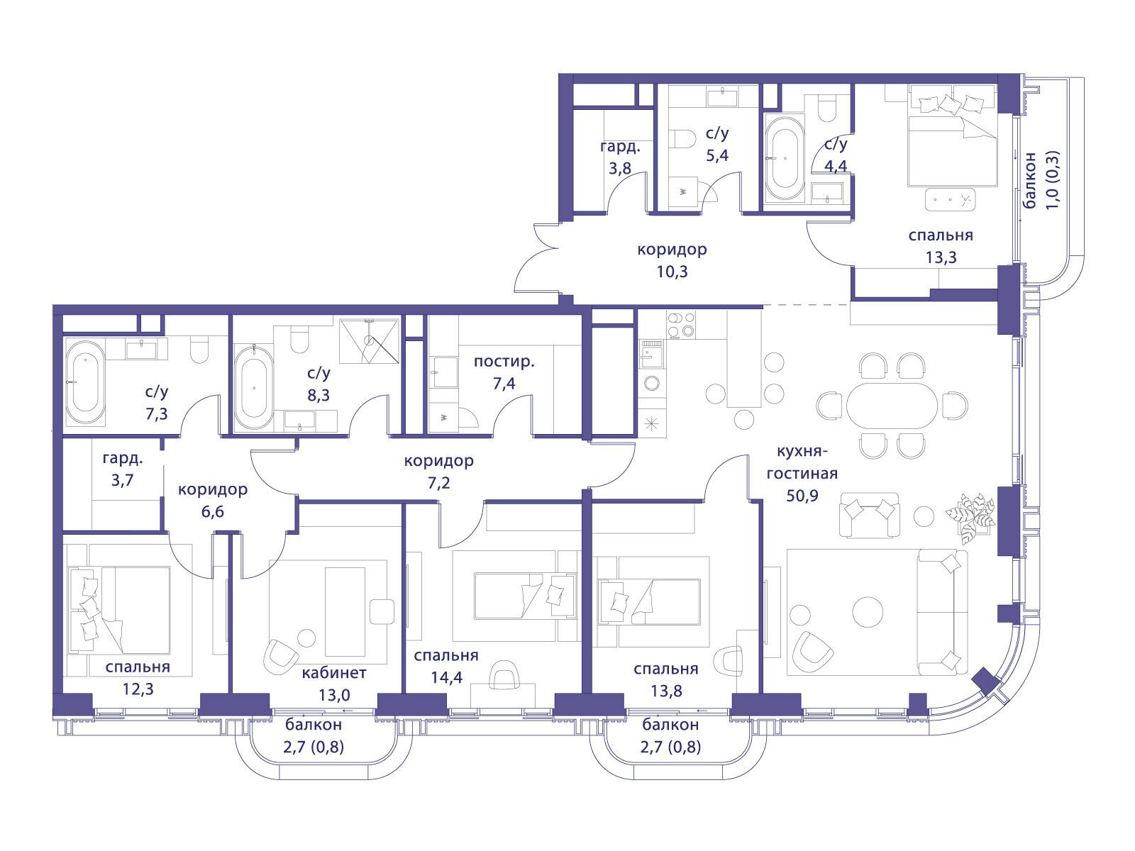 Планировка: 5-комн. квартира 184.80 м² в новостройке Татарская 35