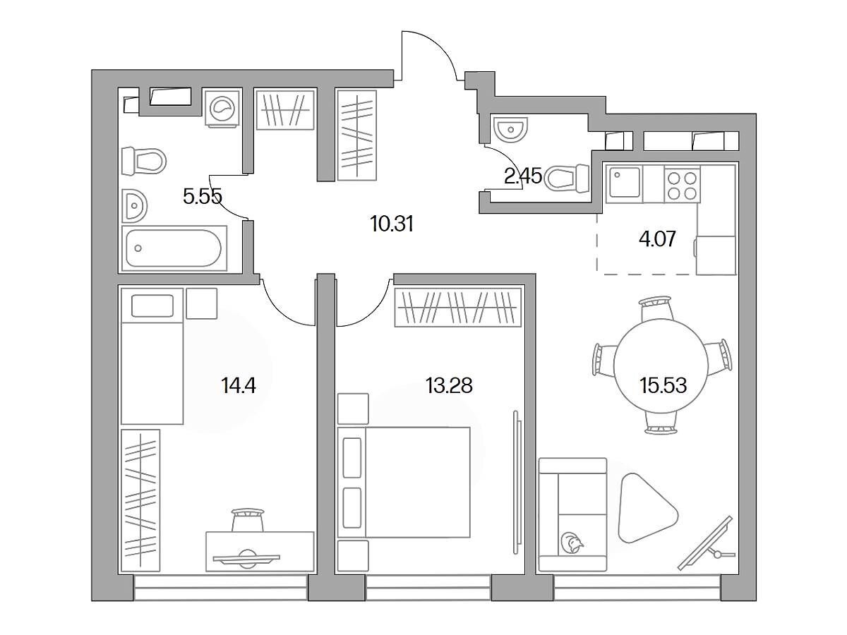 Планировка: 3-комн. квартира 65.59 м² в новостройке ЖК Тринити