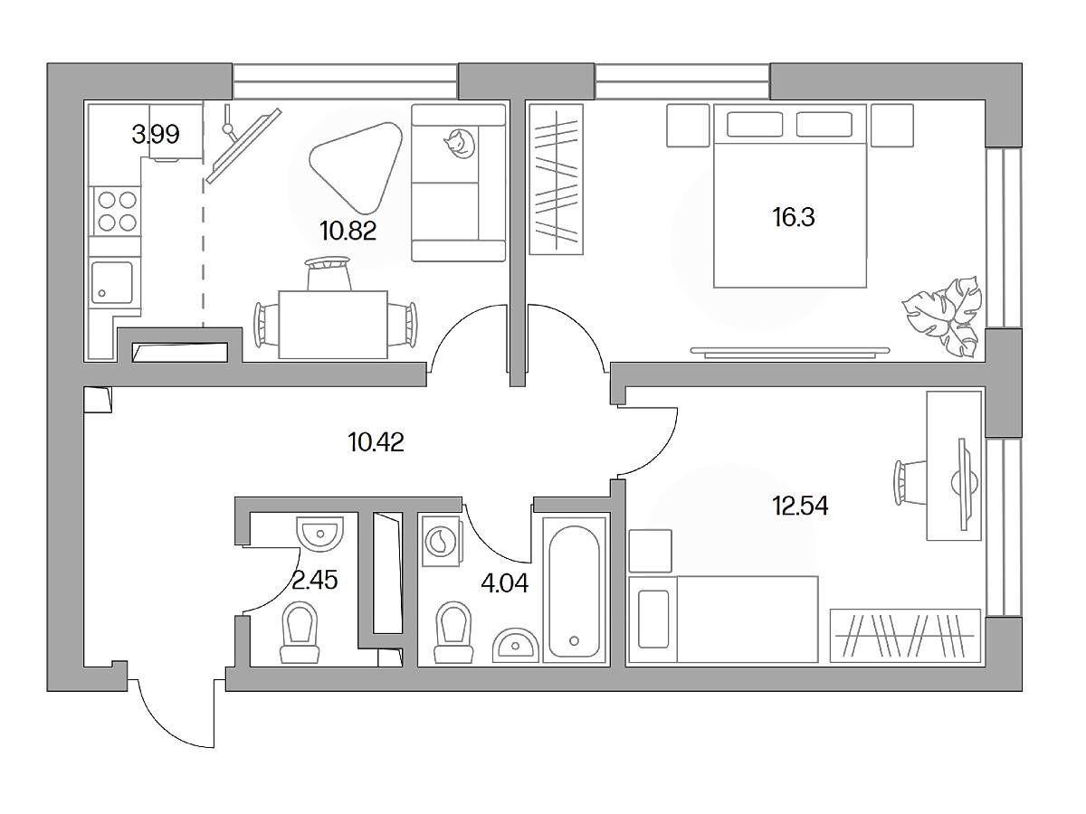 Планировка: 3-комн. квартира 60.56 м² в новостройке ЖК Тринити
