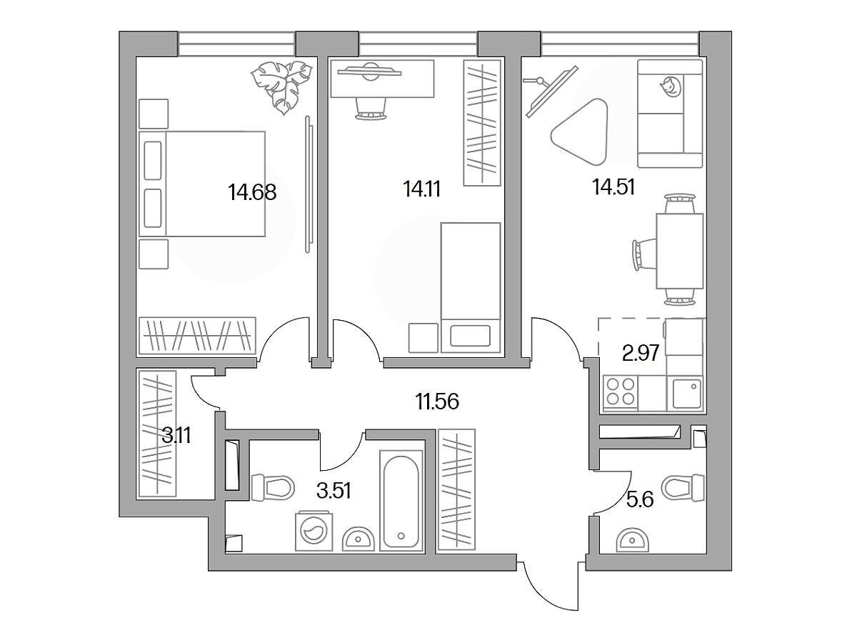 Планировка: 3-комн. квартира 70.05 м² в новостройке Тринити