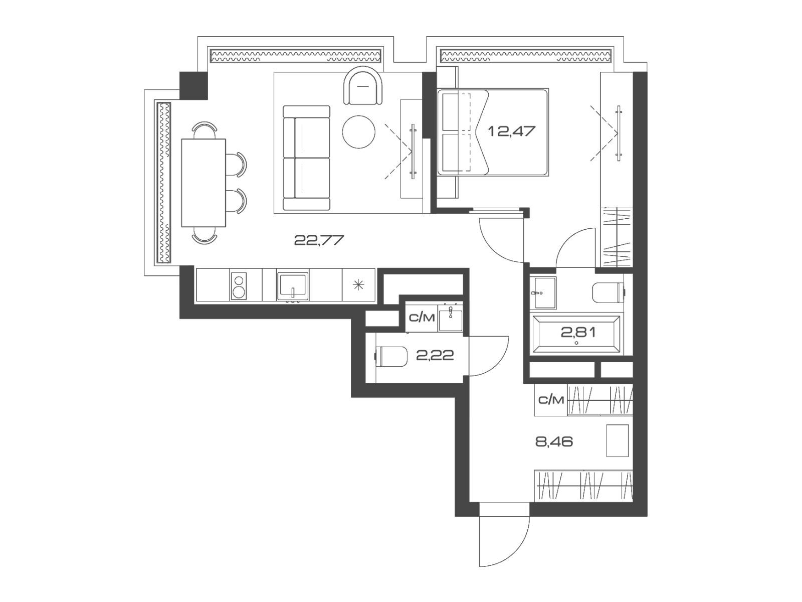 Планировка: 1-комн. квартира 50.00 м² в новостройке Лунар