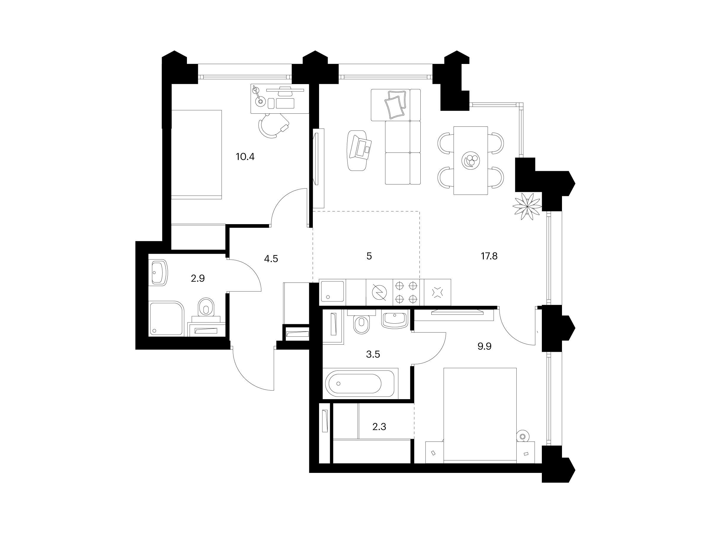 Планировка: 2-комн. квартира 56.30 м² в новостройке Бусиновский парк