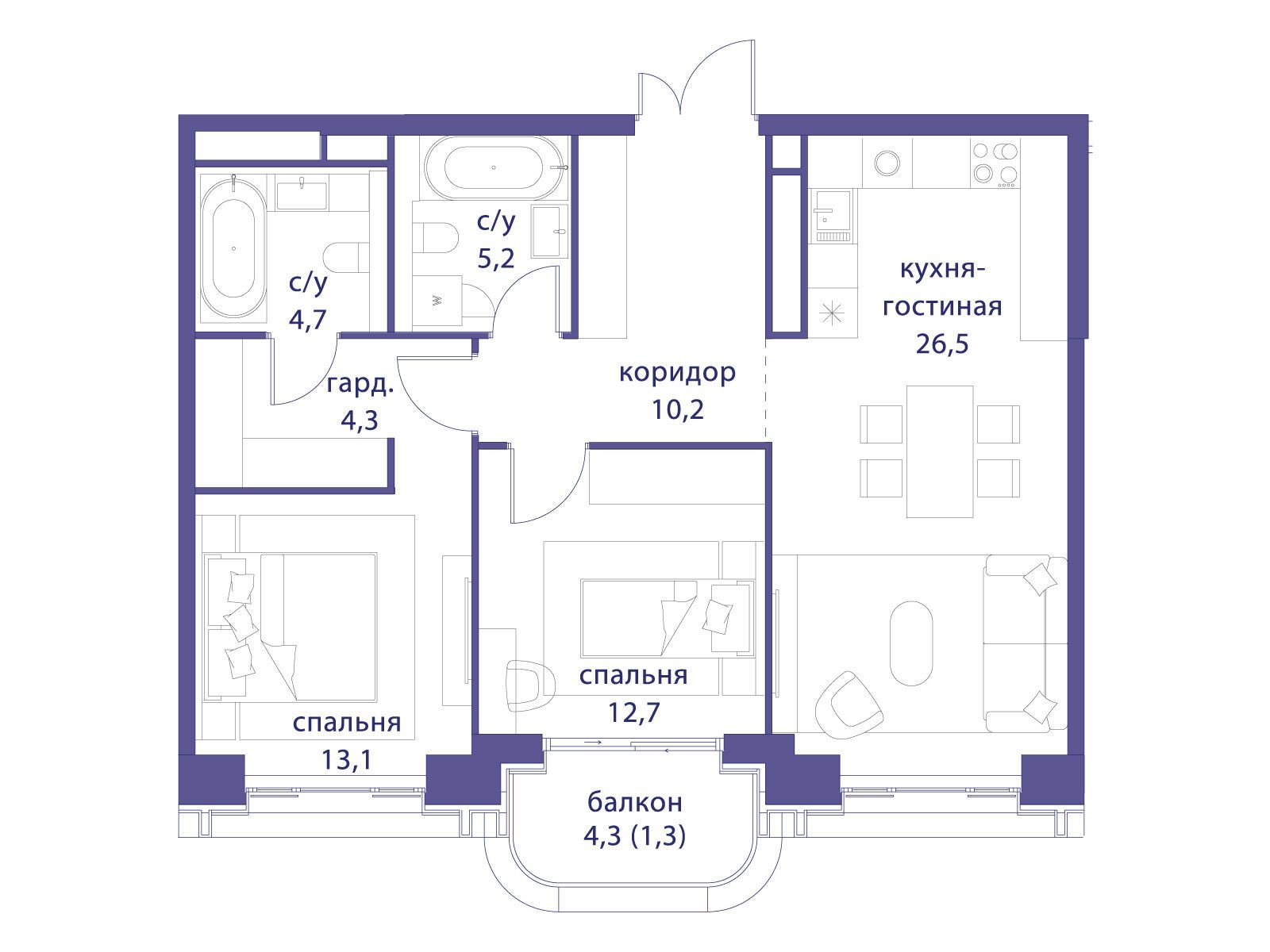 Планировка: 2-комн. квартира 78.00 м² в новостройке Татарская 35