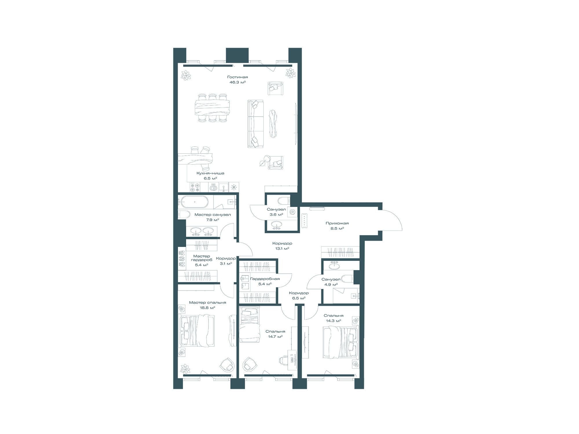 Планировка: 3-комн. квартира 159.00 м² в новостройке Опус