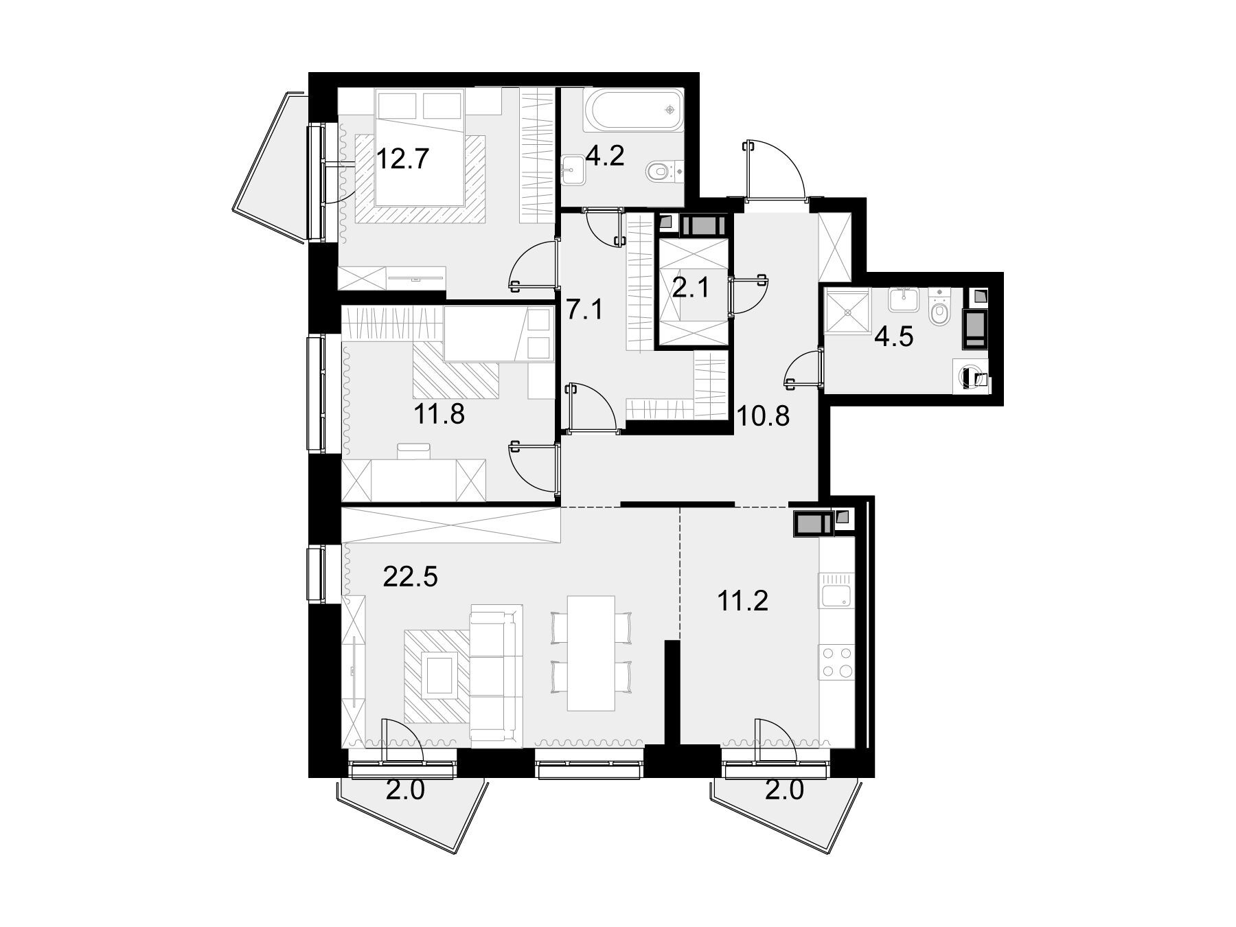 Планировка: 3-комн. квартира 89.10 м² в новостройке Трилогия Кристалл