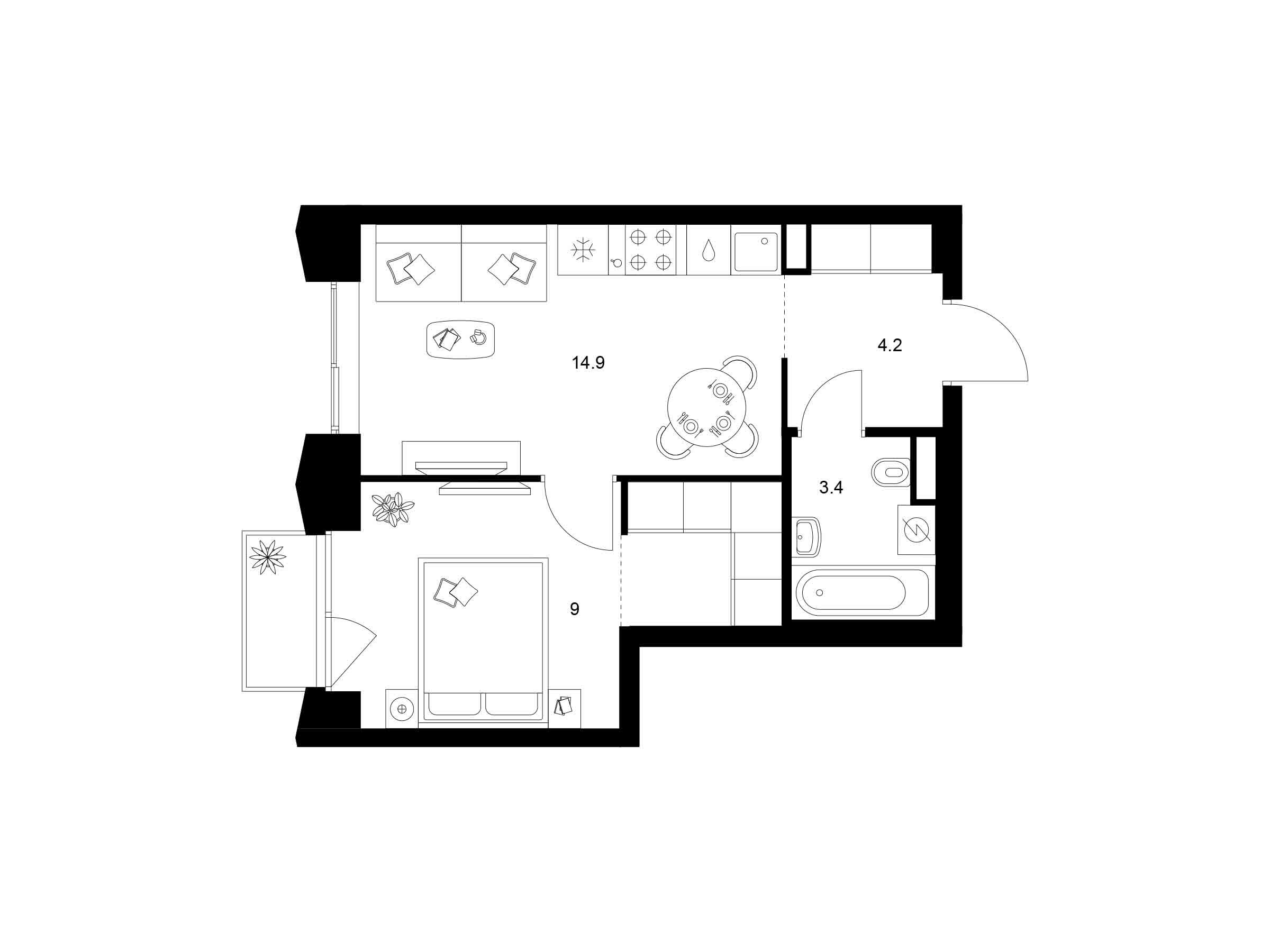 Планировка: 1-комн. квартира 35.20 м² в новостройке Матвеевский парк